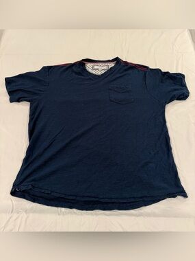 PD&C Men's XL Blue Slub Knit V-Neck Pocket T-Shirt Red Stitching 100% Cotton